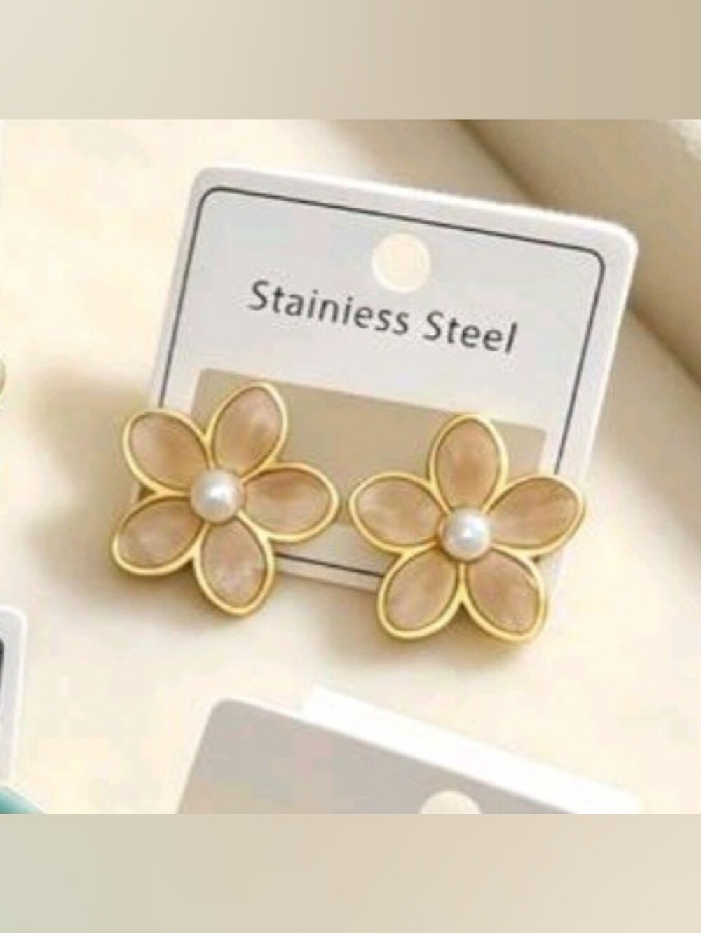 Gold Pink Flower Pearl Stud Earrings - Stainless Steel